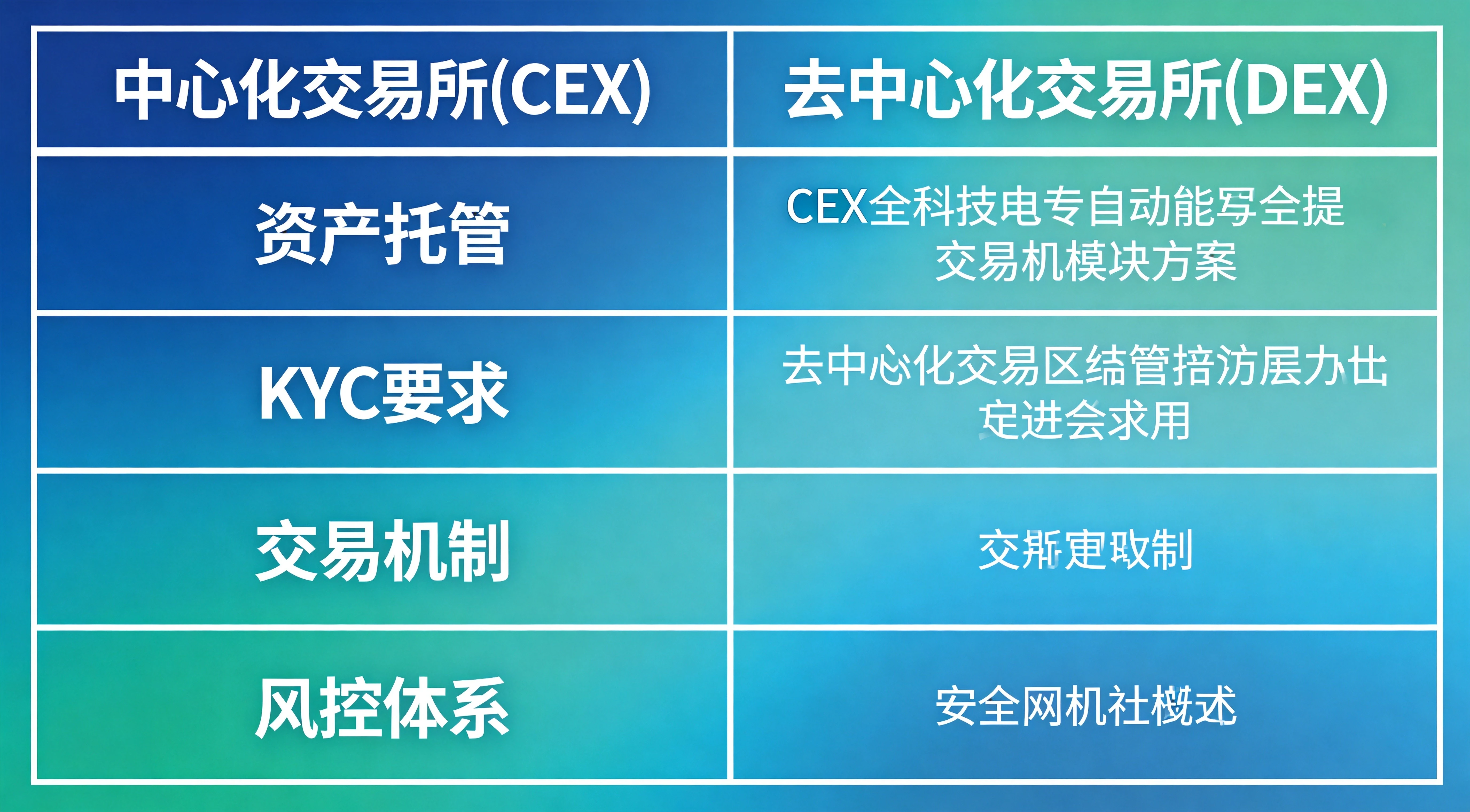 对比表格设计，左侧CEX、右侧DEX，对比资产托管、KYC、交易机制、风控等核心维度，清晰展示两者区别