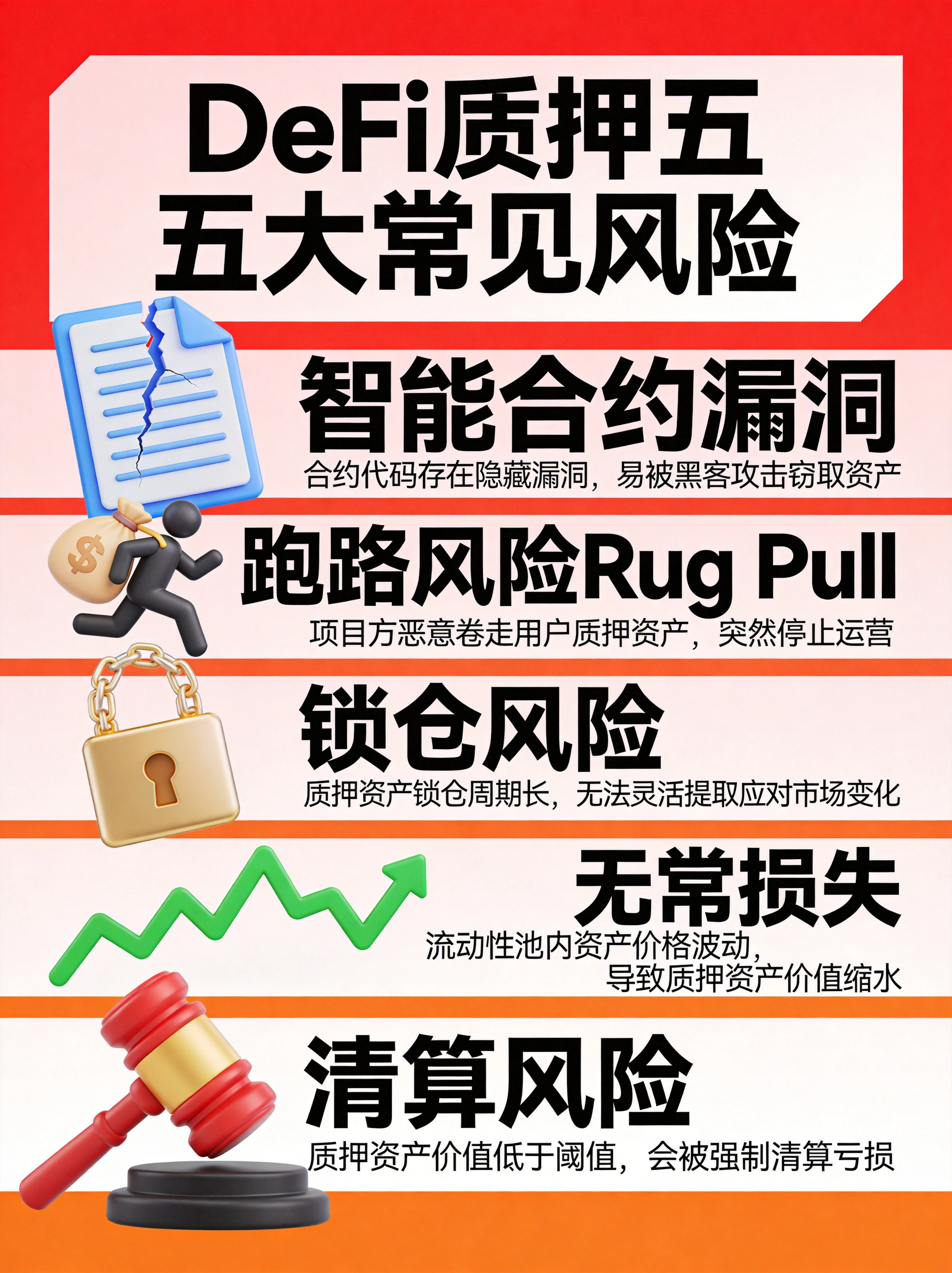 DeFi质押五大常见风险信息图,展示智能合约漏洞、跑路风险(Rug Pull)、锁仓风险、无常损失、清算风险五类核心安全威胁 DeFi质押五大常见风险信息图,展示智能合约漏洞、跑路风险(Rug Pull)、锁仓风险、无常损失、清算风险五类核心安全威胁