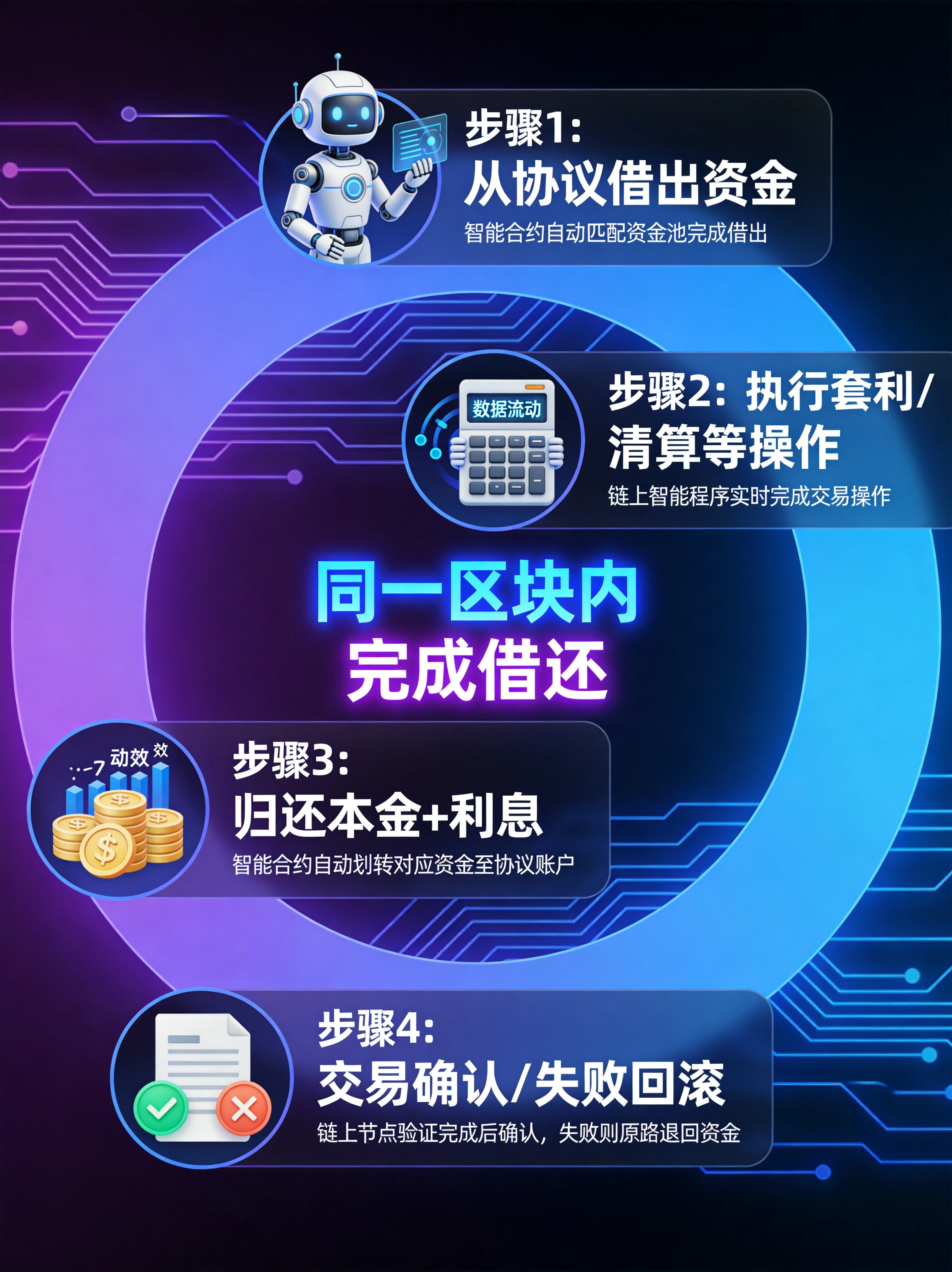 闪电贷核心运作逻辑可视化图，通过环形循环流程展示同一区块内完成借还的核心规则，帮助读者理解闪电贷的底层运作逻辑。