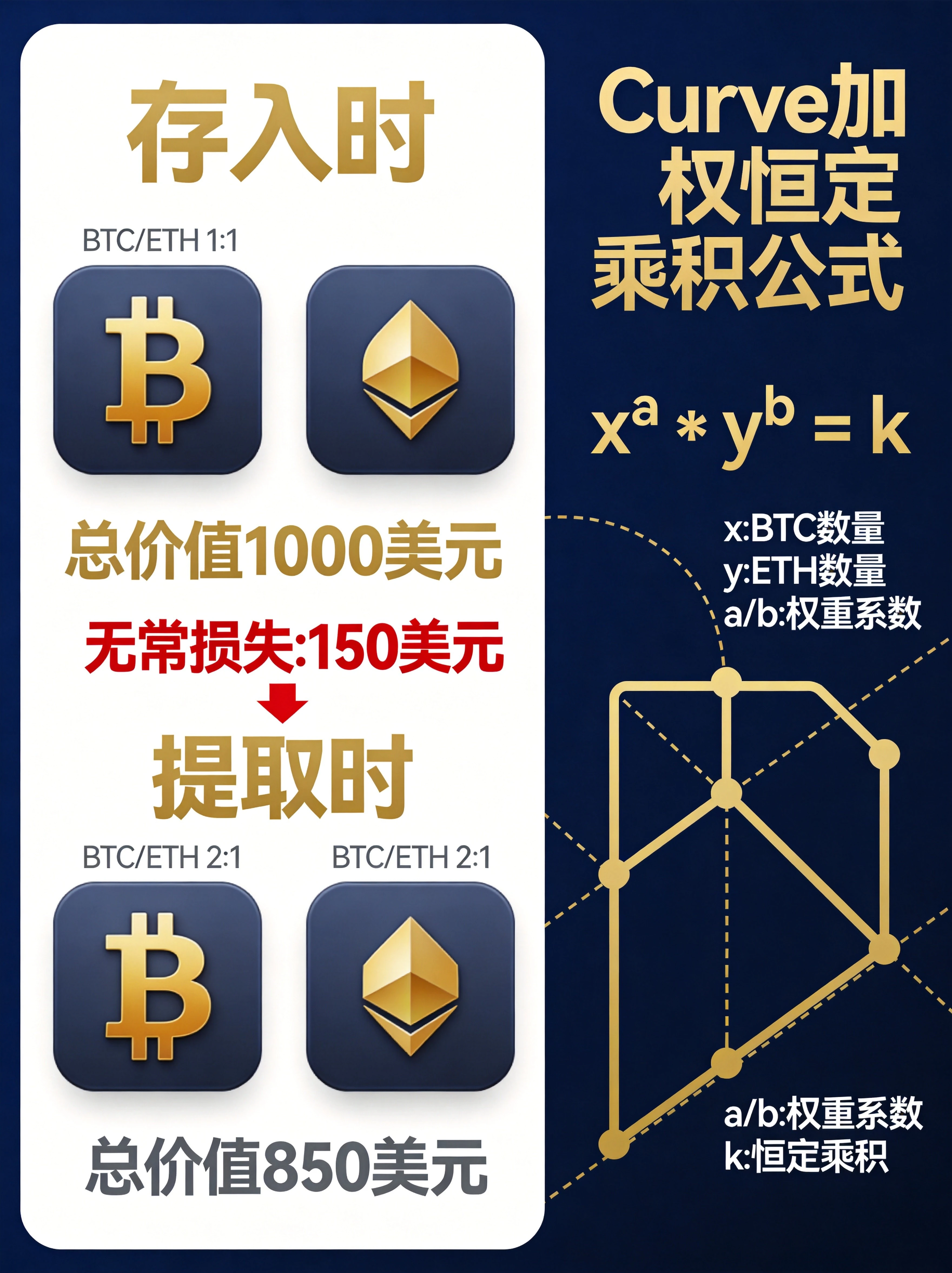 无常损失核心原理与定价公式可视化图，通过直观的场景对比帮助读者理解“价格波动导致价值差”的底层逻辑，同时展示Curve核心定价公式。