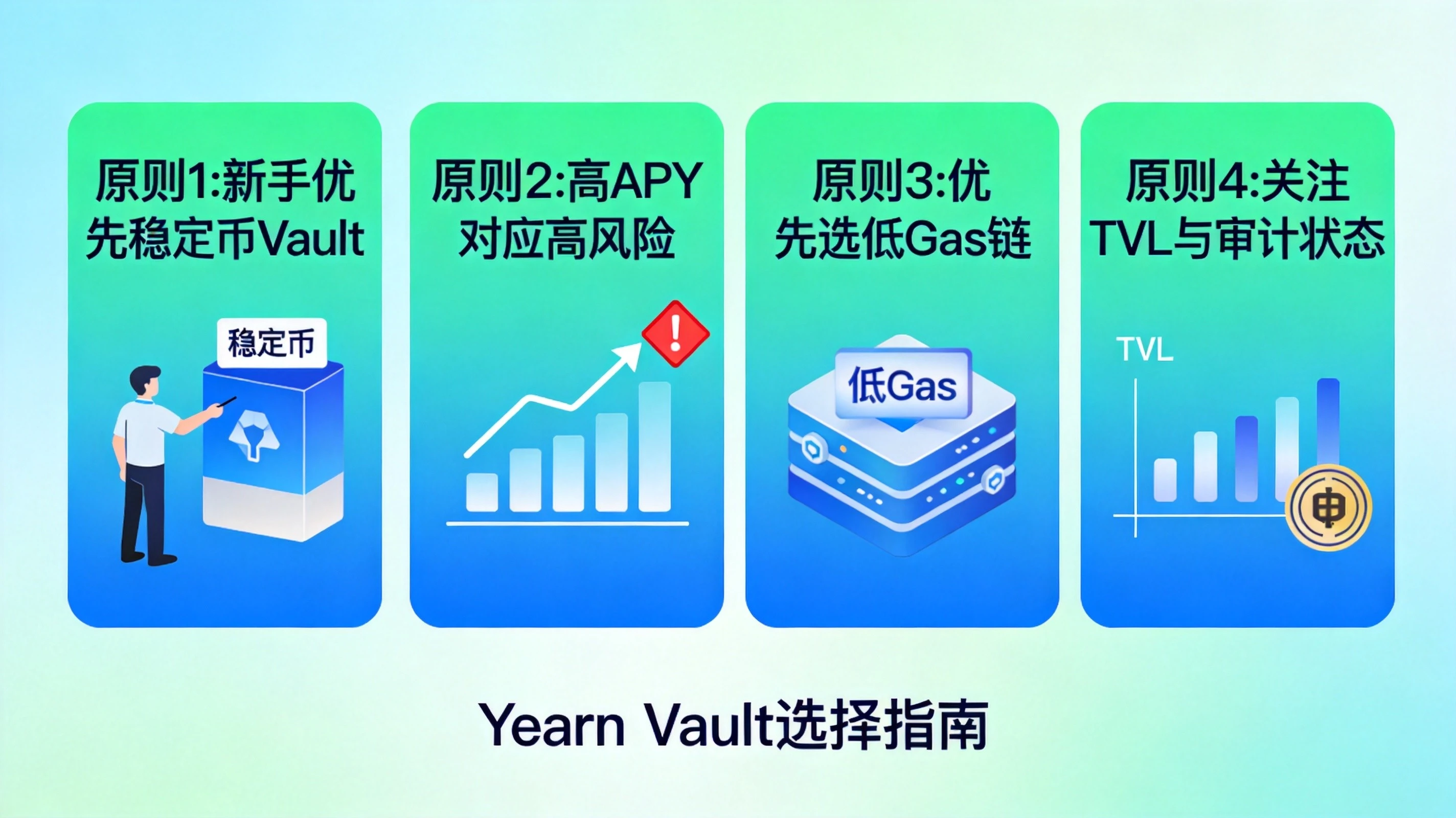 蓝绿色科技风格Yearn Vault选择指南图，用卡片形式展示新手选稳定币、高APY对应高风险、选低Gas链、关注TVL审计四个核心原则